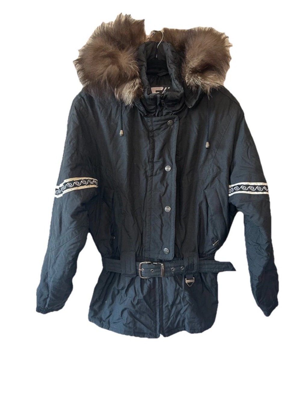Vintage Tyrolia Ski Jacket Real Fur Hood Belted Black 90s Coat Size 10 Apres Ski
